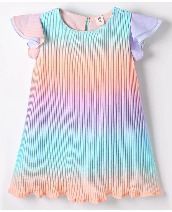 ToffyHouse Cotton Woven Cap Sleeves Rib Frock With Ombre Effect - Multicolor