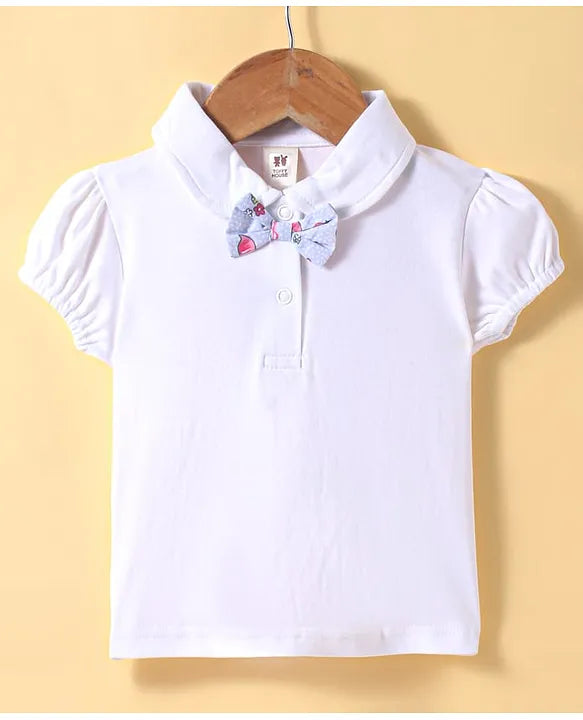 ToffyHouse Interlock Knit Half Puffed Sleeves Top & Skirt Set with Flamingo Print & Bow Applique - Light Blue & White