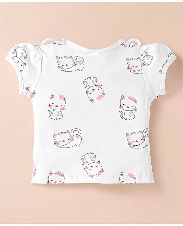 ToffyHouse Knitted Half Puffed Sleeves Top & Skirt with Kitty Print & Embroidery - Navy Blue & White