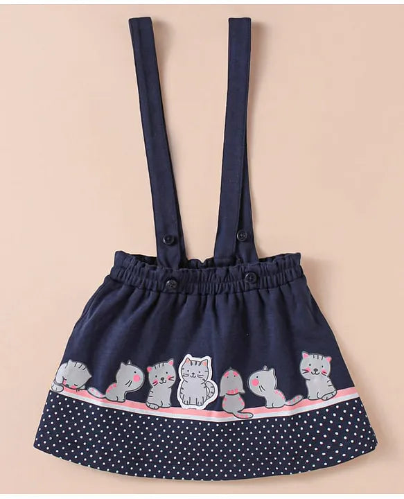 ToffyHouse Knitted Half Puffed Sleeves Top & Skirt with Kitty Print & Embroidery - Navy Blue & White