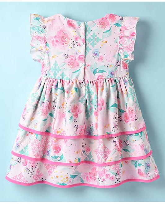 ToffyHouse Frill Sleeves Party Frock With Floral Print & Bow Applique - Pink