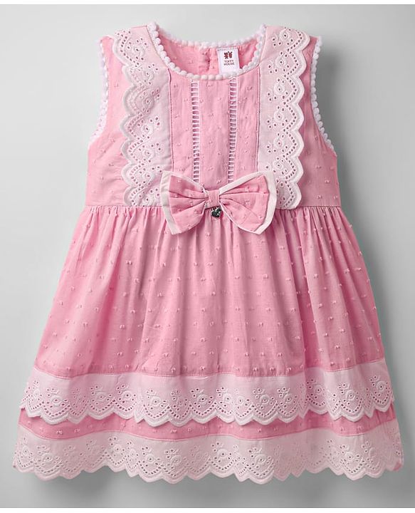 ToffyHouse Sleeveless Frock With Lace Detailing & Bow Applique - Pink