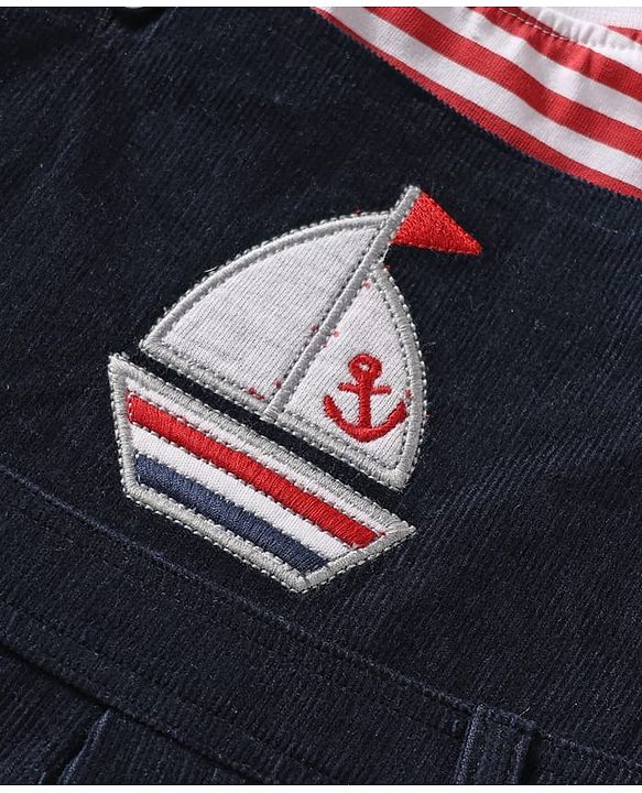 ToffyHouse Dungaree & Half Sleeves Striped T-Shirt With Boat Embroidery - Navy Blue