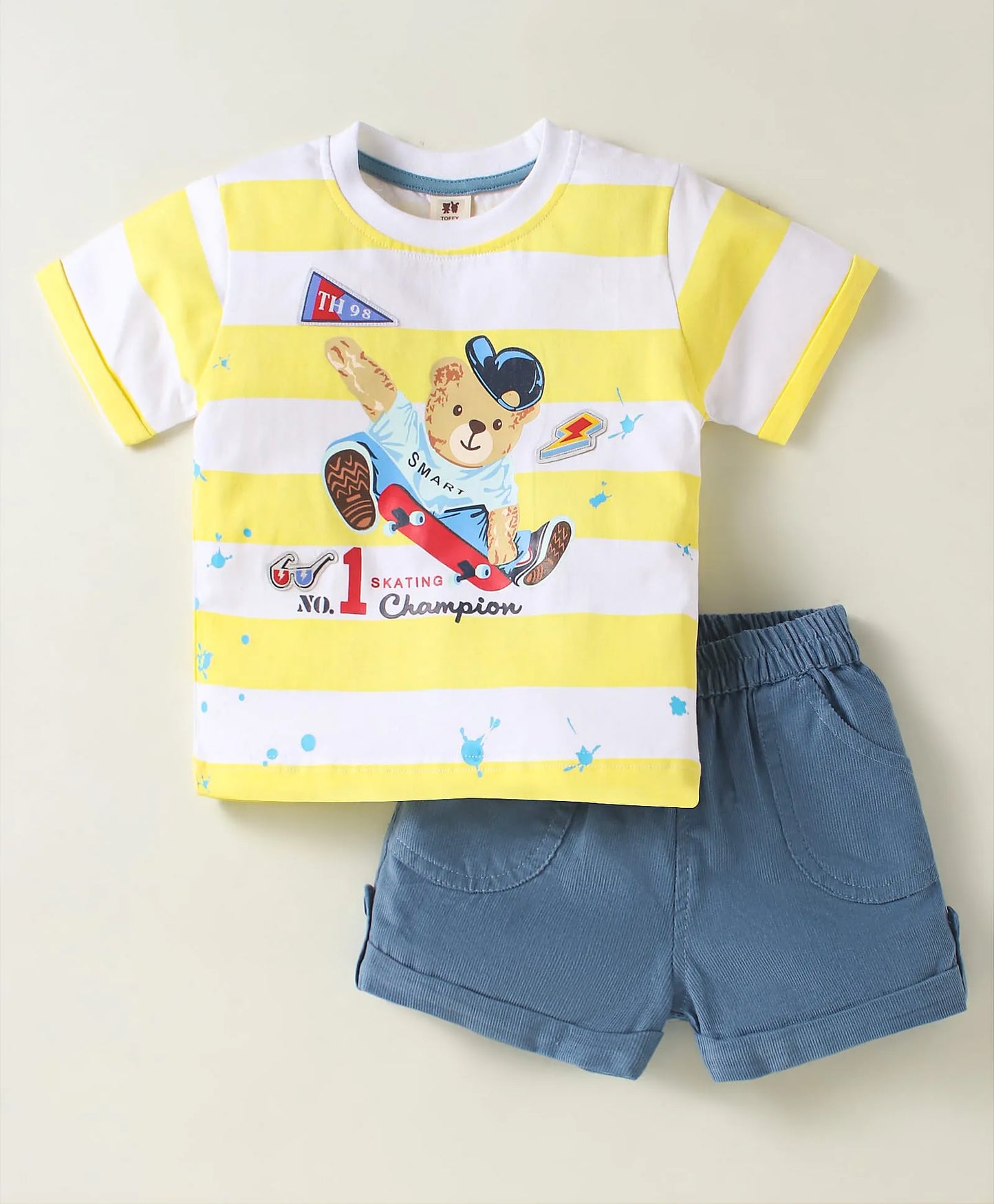 ToffyHouse Half Sleeves T-Shirt & Shorts Set With Teddy Bear Print - Yellow & Blue