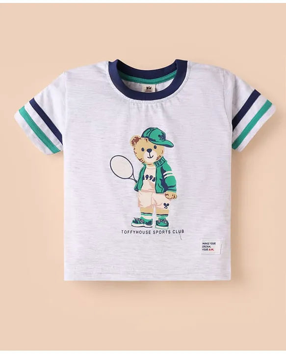 ToffyHouse Knitted Half Sleeves T-Shirt & Shorts Set with Bear Print & Tape Detailing - White & Navy Blue