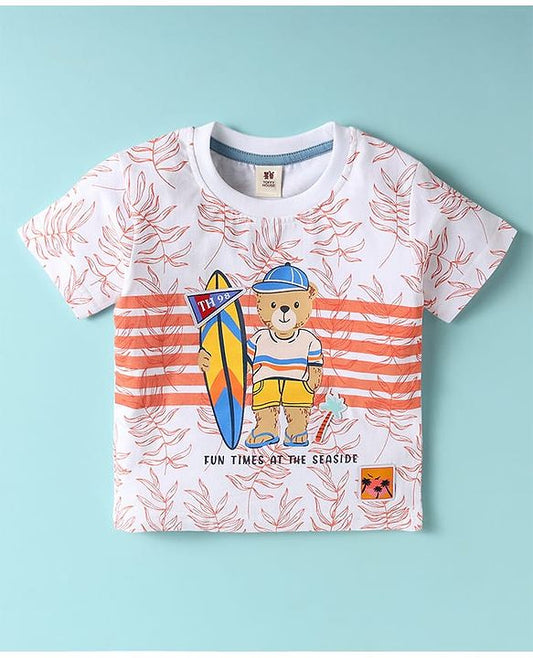 ToffyHouse Half Sleeves T-Shirt & Shorts Set With Teddy Bear Print - White & Orange