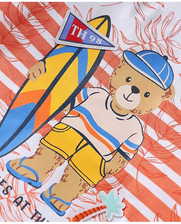 ToffyHouse Half Sleeves T-Shirt & Shorts Set With Teddy Bear Print - White & Orange