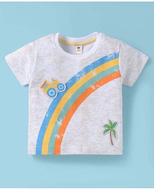 ToffyHouse Half Sleeves T-Shirt & Shorts Set with Vehicle Print - Beige & White