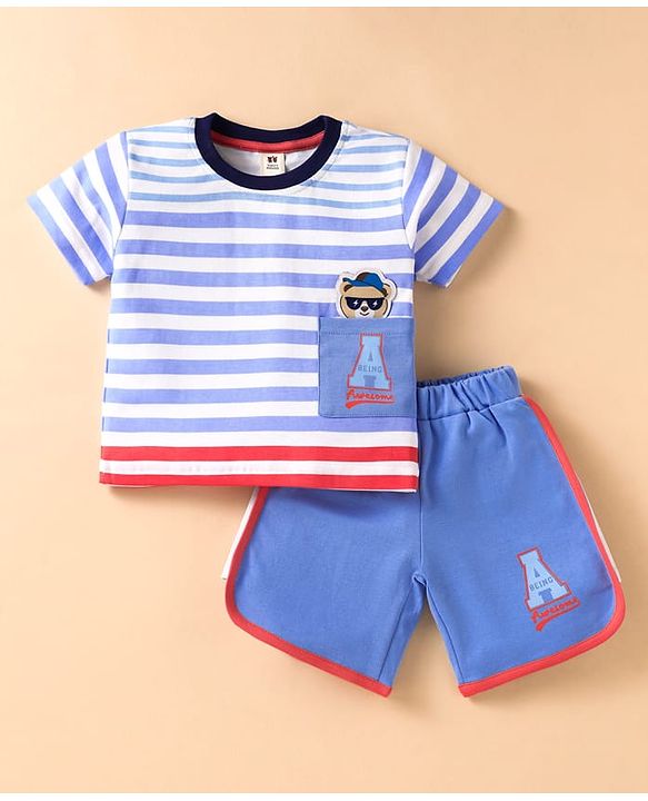 ToffyHouse Half Sleeves Striped T-Shirt & Shorts Set - Light Blue