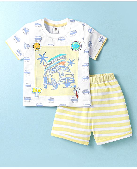 ToffyHouse Half Sleeves T-Shirt & Shorts Set with Vehicle Print - White & Yellow