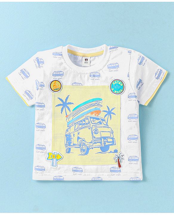 ToffyHouse Half Sleeves T-Shirt & Shorts Set with Vehicle Print - White & Yellow