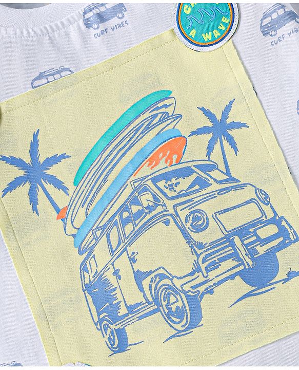 ToffyHouse Half Sleeves T-Shirt & Shorts Set with Vehicle Print - White & Yellow