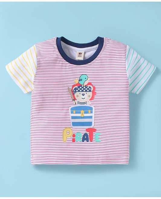 ToffyHouse Half Sleeves T-Shirt & Shorts Set with Stripe & Teddy Print - White & Navy Blue
