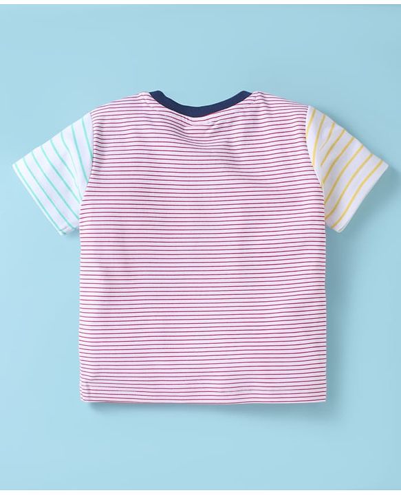 ToffyHouse Half Sleeves T-Shirt & Shorts Set with Stripe & Teddy Print - White & Navy Blue