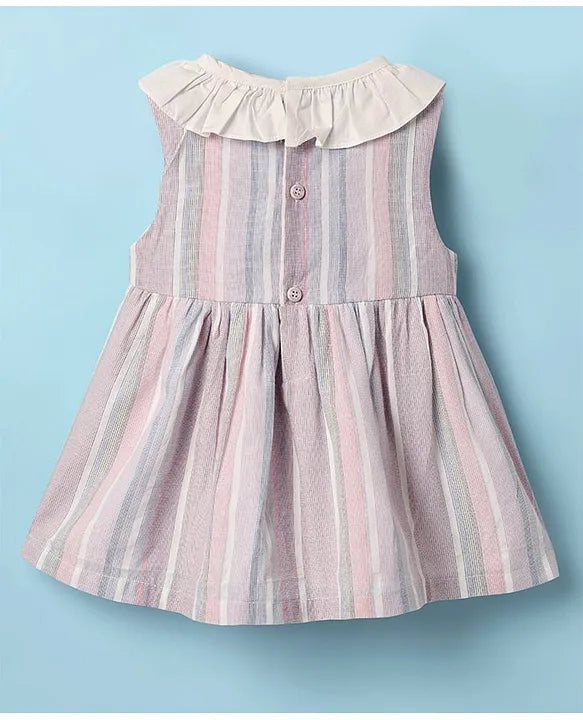 ToffyHouse Cotton Woven Sleeveless Striped Frock with Bloomer & Bow Applique - White