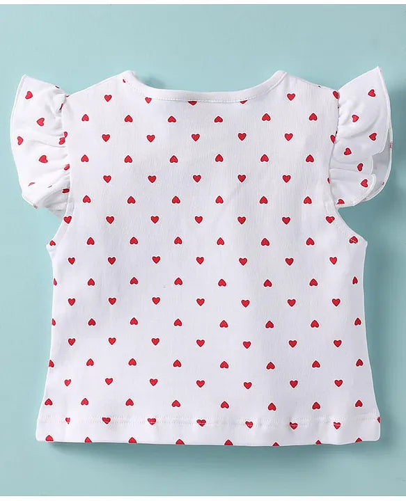 ToffyHouse Cotton Woven Checkered Dungaree & Frill Sleeves Inner Tee with Hearts Print - Red & White