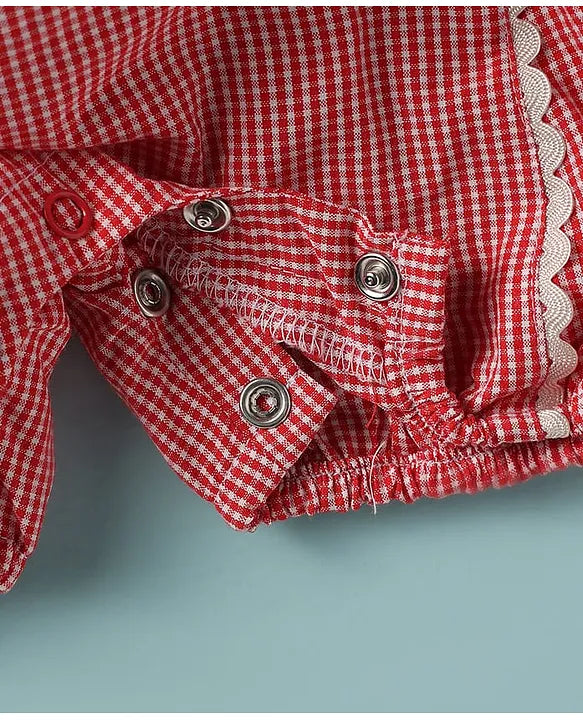 ToffyHouse Cotton Woven Checkered Dungaree & Frill Sleeves Inner Tee with Hearts Print - Red & White