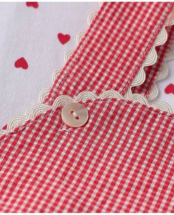 ToffyHouse Cotton Woven Checkered Dungaree & Frill Sleeves Inner Tee with Hearts Print - Red & White