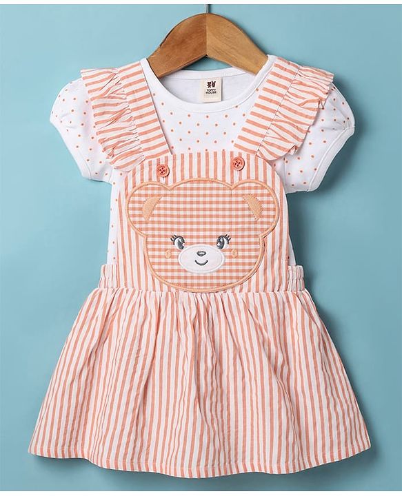 ToffyHouse Frock with Half Puffed Sleeves Inner Tee & Bear Patch - Orange & White