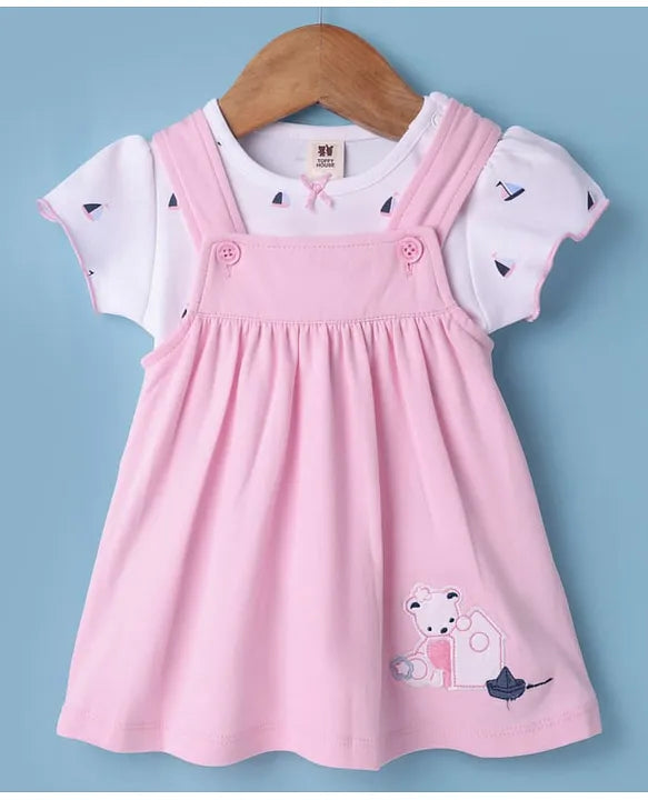 ToffyHouse Cotton Woven Frock & Half Sleeves Inner Tee With Boat Print & Animal Embroidery - Pink