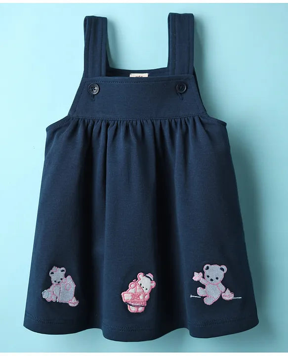 ToffyHouse Knitted Animal Printed & Embroidered Frock with Half Sleeves Inner Tee - White & Navy Blue