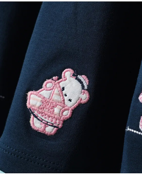 ToffyHouse Knitted Animal Printed & Embroidered Frock with Half Sleeves Inner Tee - White & Navy Blue