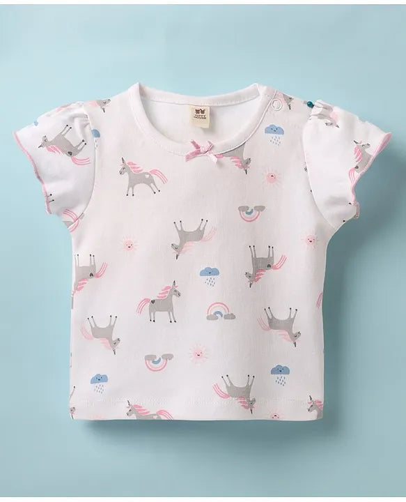 ToffyHouse Knitted Unicorn Printed & Embroidered Frock with Half Sleeves Inner Tee - Pink & White