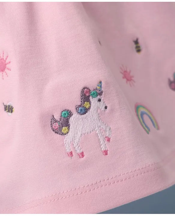 ToffyHouse Knitted Unicorn Printed & Embroidered Frock with Half Sleeves Inner Tee - Pink & White