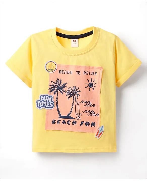 ToffyHouse Single Jersey Knit Half Sleeves T-Shirt with Beach Theme Print & Patch Detailing - Lemon