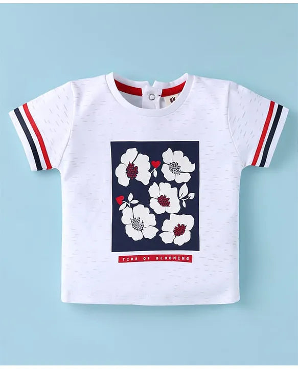 ToffyHouse Knitted Half Sleeves Top & Shorts Set with Floral Print - White & Red