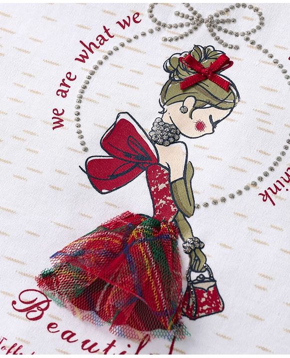 ToffyHouse Half Sleeves Top & Checks Skirt Set With Girl Print & Applique - White & Red