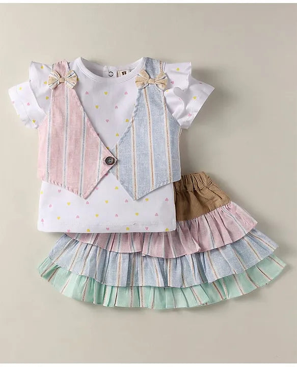 ToffyHouse Knit Half Sleeves Heart Printed Top & Striped Skirt With Waistcoat & Bow Applique - Multicolor