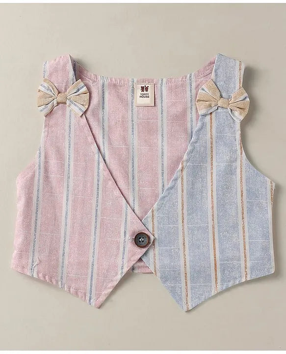 ToffyHouse Knit Half Sleeves Heart Printed Top & Striped Skirt With Waistcoat & Bow Applique - Multicolor