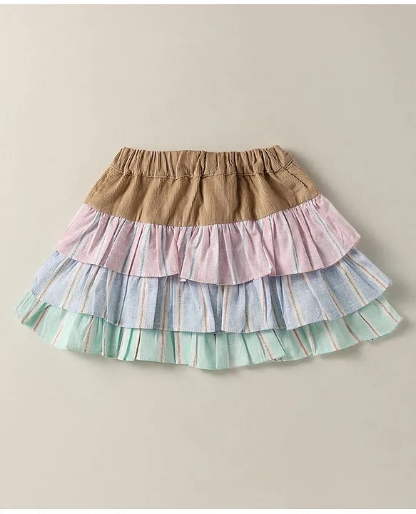 ToffyHouse Knit Half Sleeves Heart Printed Top & Striped Skirt With Waistcoat & Bow Applique - Multicolor