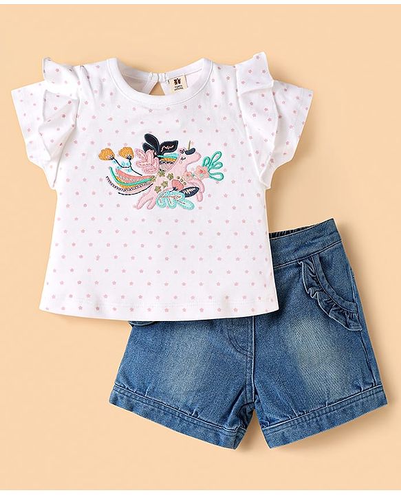 ToffyHouse Half Sleeves Top & Denim Shorts Set - Blue & White