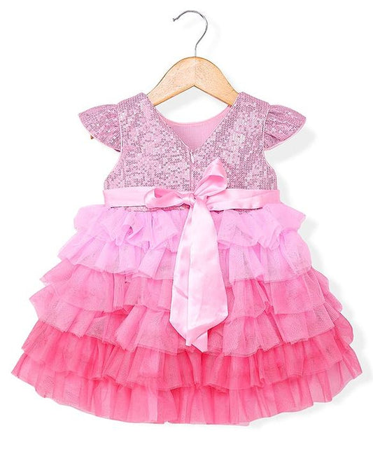 ToffyHouse Knit Cap Sleeves Party Frock with Sequines - Pink