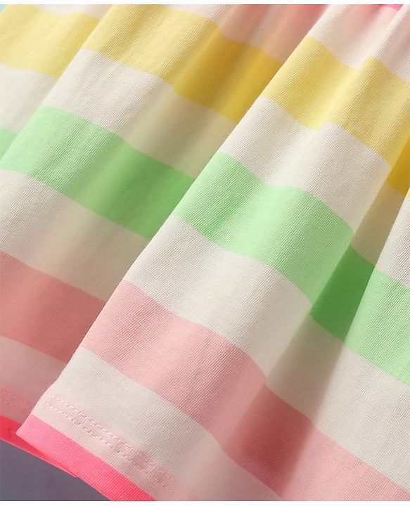 ToffyHouse Single Jersey Knit Half Sleeves Striped Frock With Bunny Print - Off White