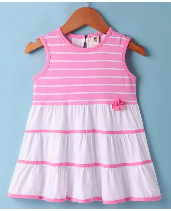 ToffyHouse Single Jersey Knit Sleeveless Frock with Stripes & Floral Applique - Pink