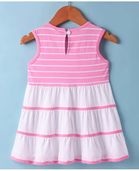 ToffyHouse Single Jersey Knit Sleeveless Frock with Stripes & Floral Applique - Pink