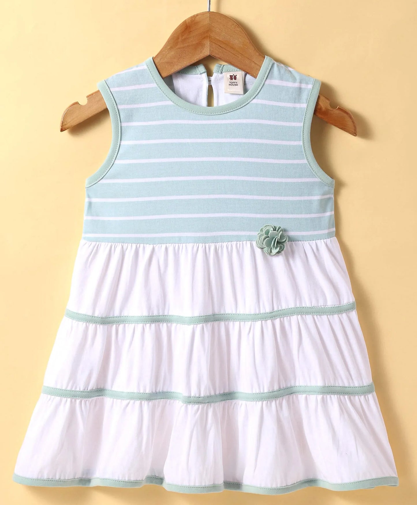 ToffyHouse Sleeveless Frock with Floral Applique & Tape Detailing - White & Mint