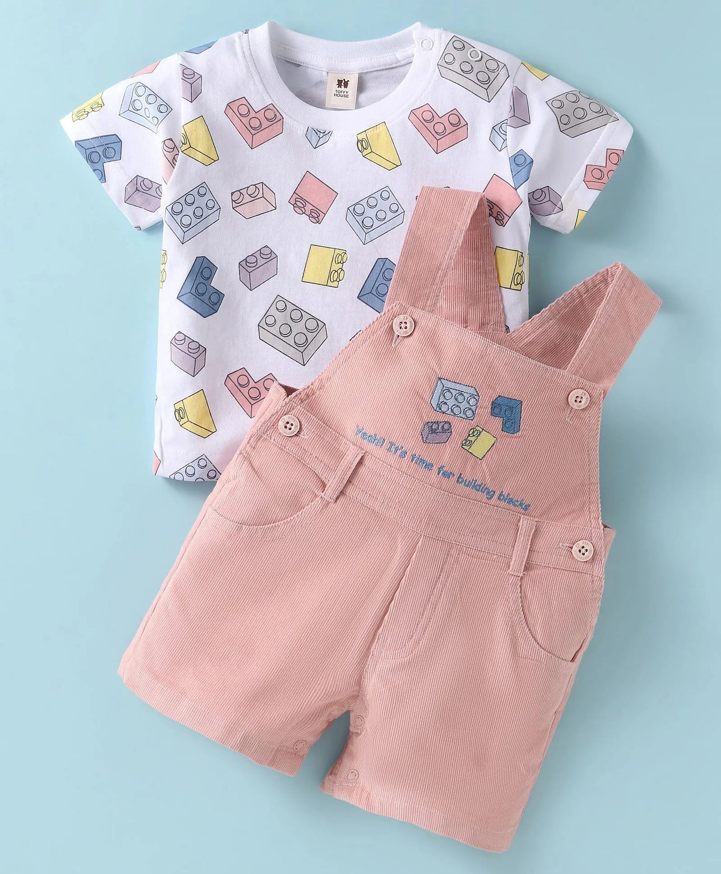 ToffyHouse Half Sleeves T-Shirt & Dungaree - White & Pink
