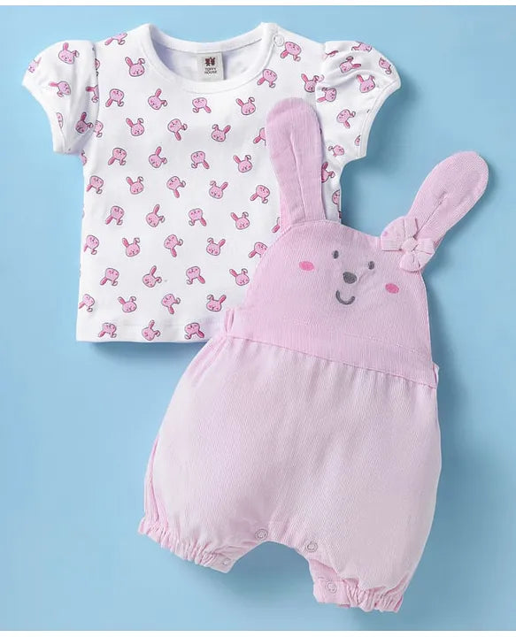 ToffyHouse Corduroy Dungaree with Half Sleeves Inner Tee Bunny Print - Light Pink