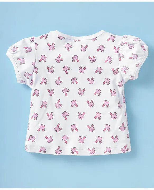 ToffyHouse Corduroy Dungaree with Half Sleeves Inner Tee Bunny Print - Light Pink