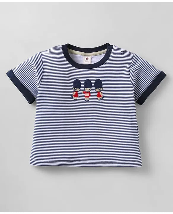 ToffyHouse Knitted Half Sleeves Striped T-Shirt & Shorts Set with Queen's Guard Embroidery - Red & Blue