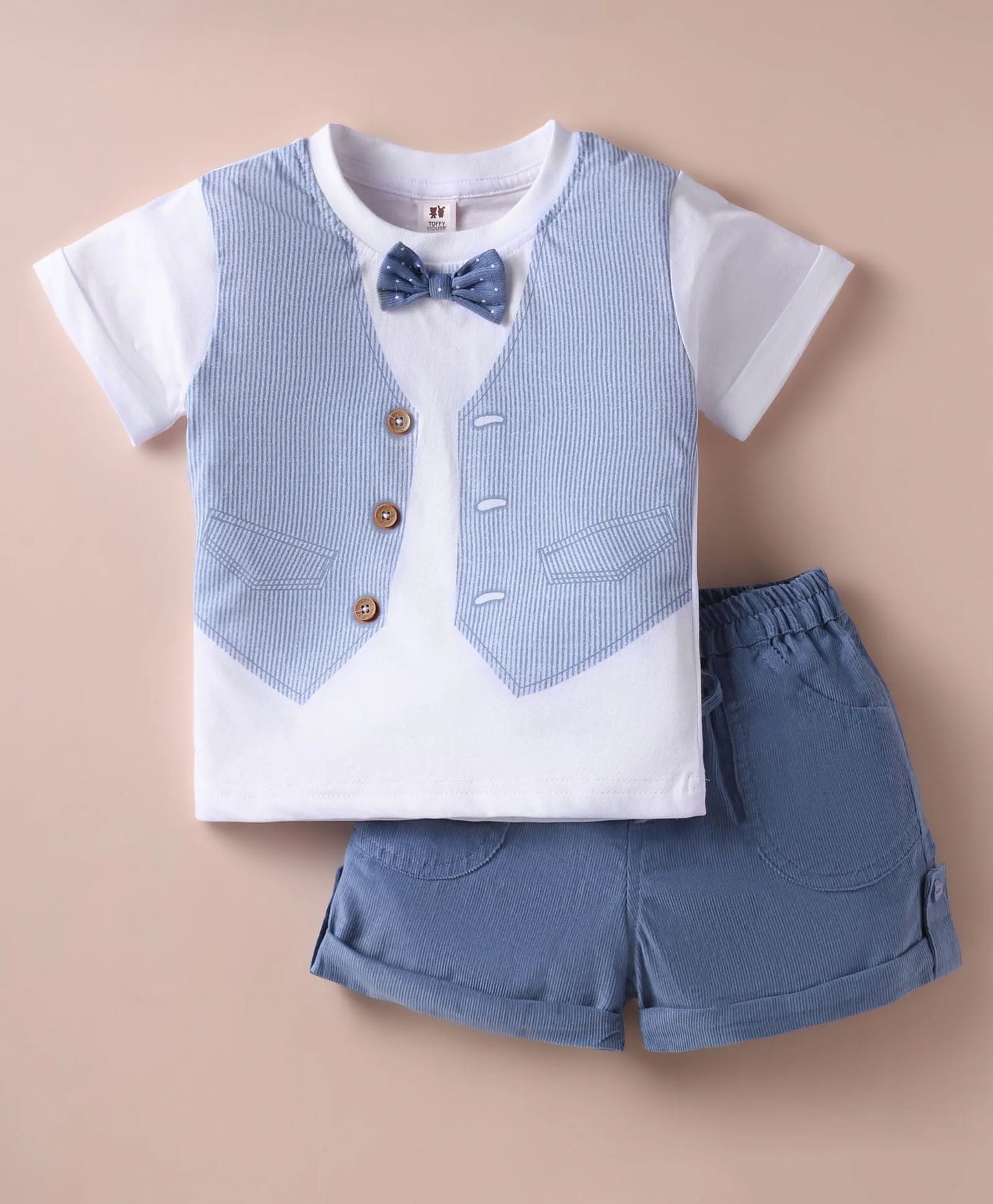 ToffyHouse Interlock Woven Half Sleeves T-Shirt with Attached Bow & Shorts Set with Waistcoat Print - White & Blue