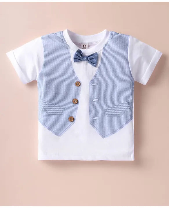 ToffyHouse Interlock Woven Half Sleeves T-Shirt with Attached Bow & Shorts Set with Waistcoat Print - White & Blue