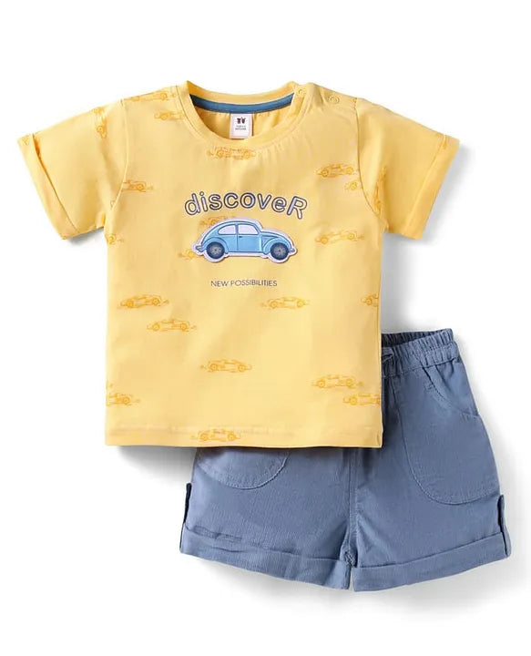 ToffyHouse Interlock Woven Half Sleeves T-Shirt & Shorts Set with Vehicle Print - Yellow & Blue
