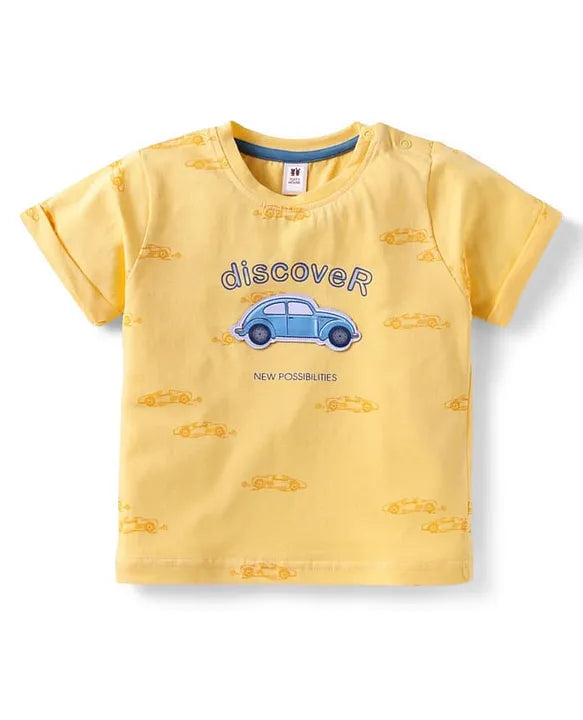 ToffyHouse Interlock Woven Half Sleeves T-Shirt & Shorts Set with Vehicle Print - Yellow & Blue