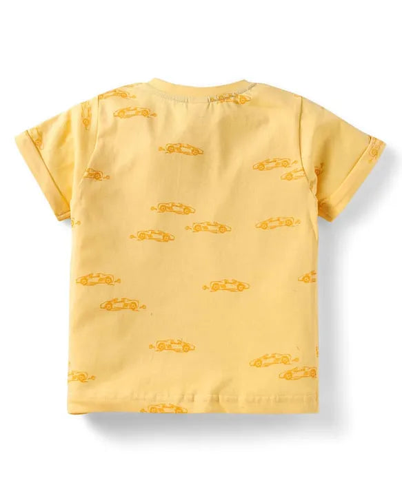 ToffyHouse Interlock Woven Half Sleeves T-Shirt & Shorts Set with Vehicle Print - Yellow & Blue