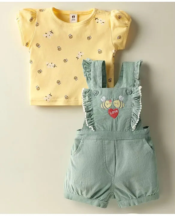 ToffyHouse Corduroy Woven Knit Half Sleeves Inner Tee & Dungaree Set with Honeybee & Floral Print - Yellow & Teal Blue
